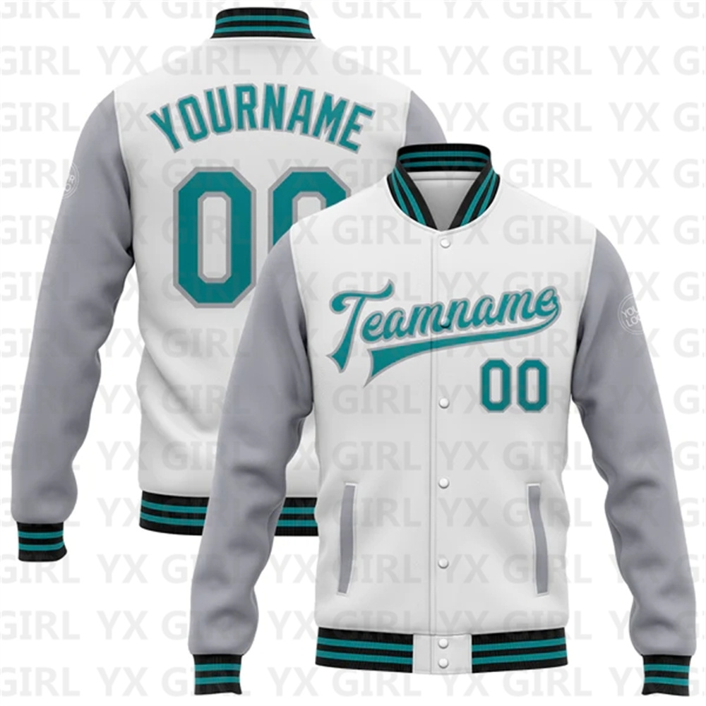 Varsity Jacket Letterman - Custom White Teal Gray-Black Bomber Full-Snap
