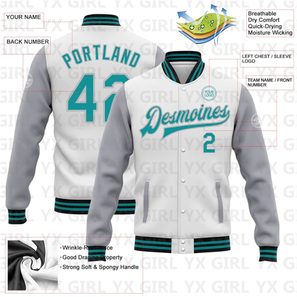 Custom White Teal Gray-Black B - огляд і ціна Varsity Jacket Letterman